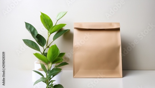 Beige Kraft Paper Pouch Mockup Elegantly Styled With A Small Vibrant Green Plant