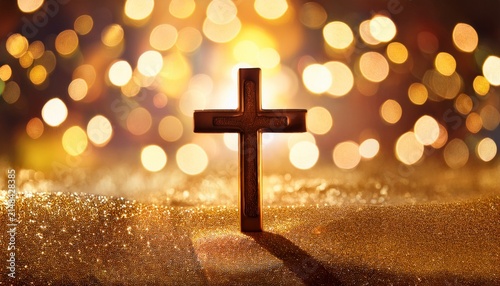Beautiful Gold Bokeh Background With A Christian Cross