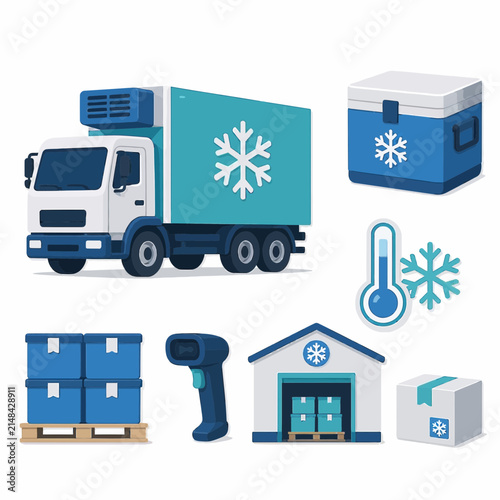 Refrigerated Truck and Logistics Icons: Cold Chain Delivery, Shipping, Warehouse, Thermometer, Freezer Box, Pallet Boxes and Scanner