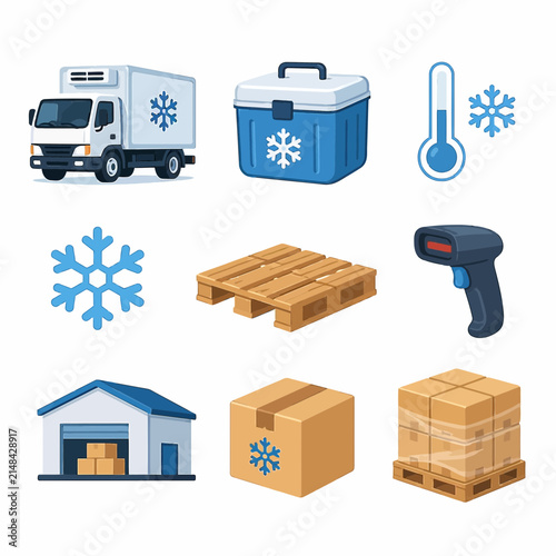 Cold chain logistics and frozen product storage icons: refrigerated truck, cooler box, thermometer, snowflake, pallet, scanner, warehouse, box, and stacked pallets