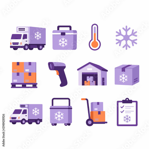 Cold Chain Logistics Icons: Delivery Truck, Freezer Box, Thermometer, Snowflake, Pallet of Boxes, Scanner, Warehouse, Parcel, Cart, Clipboard