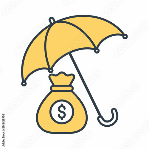 Financial security, insurance and protection concept: Yellow umbrella shielding a money bag with a dollar sign, symbolizing financial safety and investment protection.