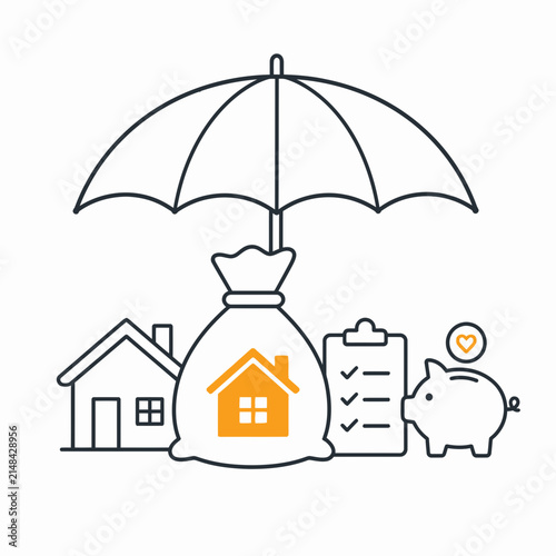 Home insurance concept: Umbrella protecting a money bag with house symbol, a house, checklist, and piggy bank. Financial protection and savings.