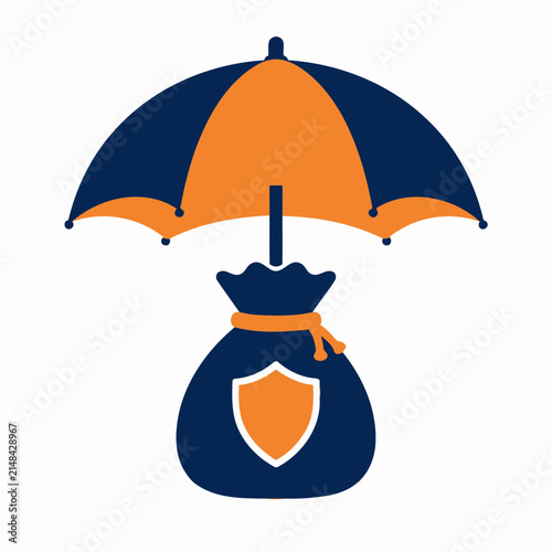 Umbrella protecting money bag with shield symbol, symbolizing financial security, insurance, investment protection, and wealth safety