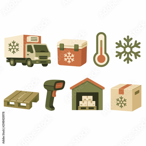 Cold Chain Logistics Icons: Truck, Cooler, Thermometer, Snowflake, Pallet, Scanner, Warehouse, and Box