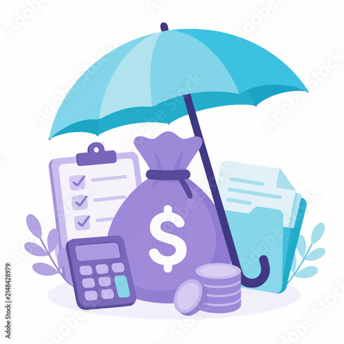 Financial Security Concept: Umbrella Protecting Money Bag, Calculator, Checklist, and Files