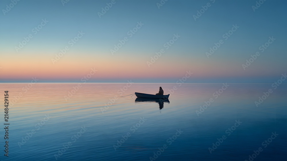 Naklejka premium A lone person sitting in a small boat on a calm, reflective lake at twilight