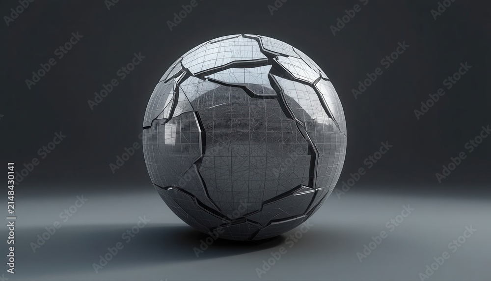 Fototapeta premium Large geometric cracked metallic sphere isolated on dark background with geometric abstract metallic industrial minimalist fragmented structure material background creative futuristic