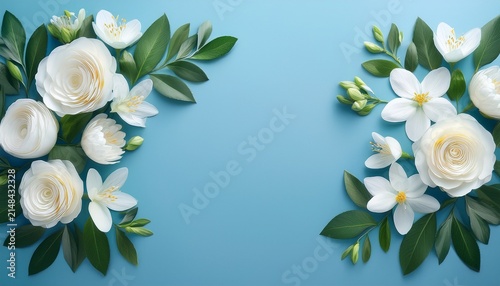 White Spring Flowers And Green Leaves Forming A Floral Edge Provide An Elegant Light Blue Backdrop