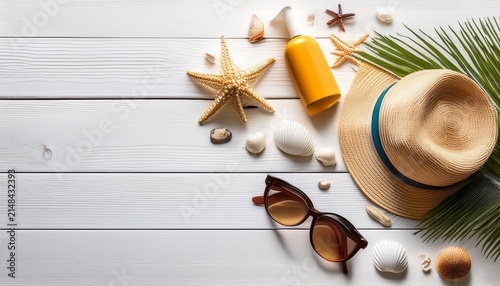 Beach Items Are Arranged On A White Wooden Surface For A Picture