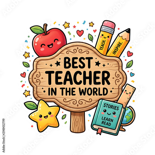 A colorful cartoon sticker design featuring a wooden sign that says best teacher in the world with school supplies