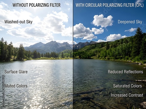 Comparing the effects of a circular polarizing filter on a landscape photo, enhancing colors and reducing glare