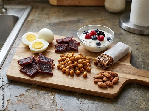 A healthy wooden cutting board spread with various protein-rich snacks including hard-boiled eggs, beef jerky, yogurt with berries, chickpeas, almonds, and a granola bar
