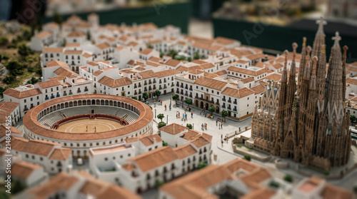 Miniature city model with bullring and cathedral replica