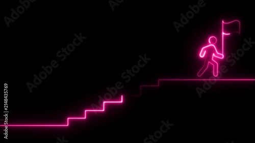 Animated neon icon of a running man with a flag climbing upward arrows. Represents business progress, goal achievement, and a journey to success. Glowing neon  on black background animation 