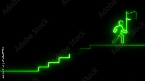 Animated neon icon of a running man with a flag climbing upward arrows. Represents business progress, goal achievement, and a journey to success. Glowing neon  on black background animation 