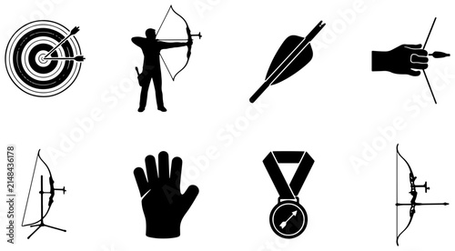 Obraz na plátně Archery Icon Set: Target, Archer Silhouette, Arrow, Hand Grip, Bow Stand, Glove,