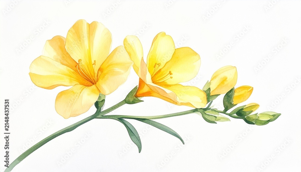 Fototapeta premium Elegant watercolor illustration of a blooming yellow freesia flower isolated on a clean white background.