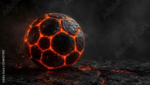 sports football black volcanic lava soccer ball glowing with molten orange cracks on dark ground

