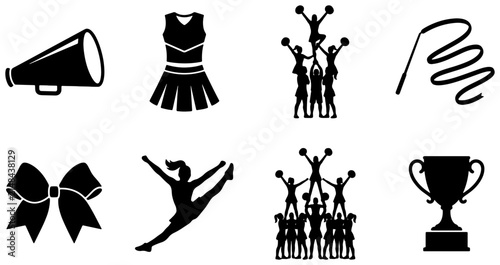 Cheerleading Icons Set: Megaphone, Uniform, Pyramid, Trophy, Bow, Dancer, Ribbon, Sports Team Spirit Vector Graphics