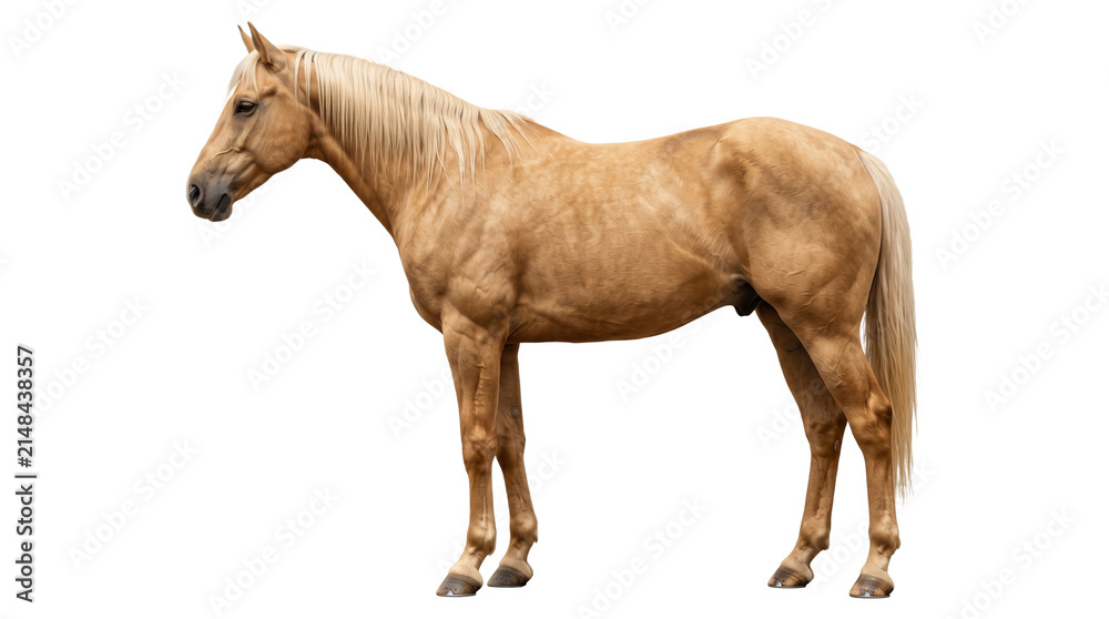 Obraz premium Palomino horse with blonde mane isolated on transparent background png in profile.
