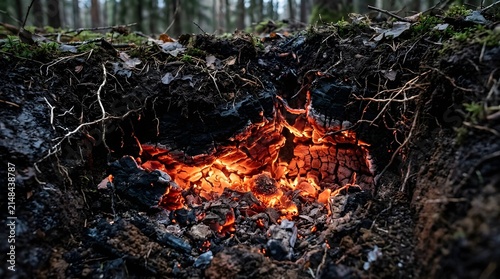 Glowing red embers burning dangerously deep within dark forest soil illustrating severe wildfire risks and hidden environmental hazards
