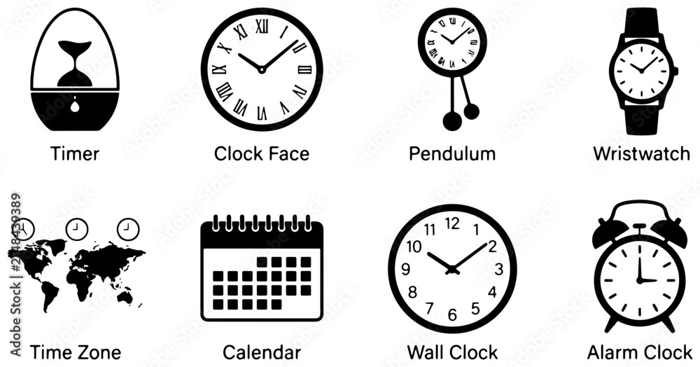 Fototapeta premium Time Icons Collection: Timer, Clock Face, Pendulum, Wristwatch, Time Zone, Calendar, Wall Clock, Alarm Clock, Timekeeping Symbols, Vector Graphics