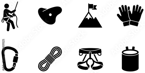 Rock Climbing Icons Set, Mountain Adventure Gear, Outdoor Sports Equipment, Vector Graphics for Adventure and Fitness