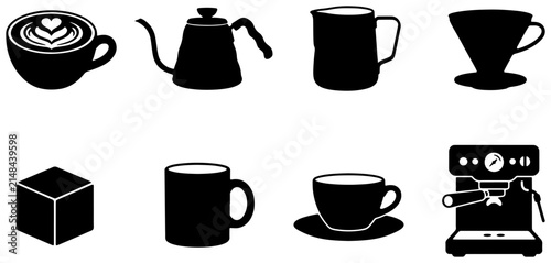 Foto Coffee Barista Icons Set: Espresso Machine, Pour Over Dripper, Latte Art Cup, Go