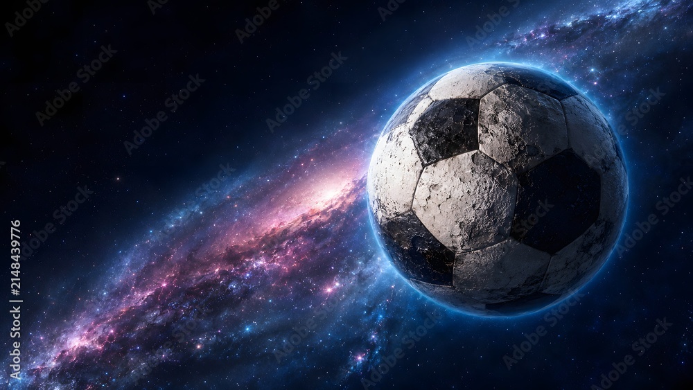 Fototapeta premium sports football universe with giant soccer ball planet glowing beside blue galaxy