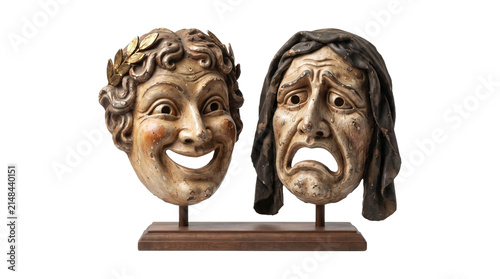 Obraz na plátně Ancient greek theatrical masks depicting comedy and tragedy on a wooden stand on transparent background