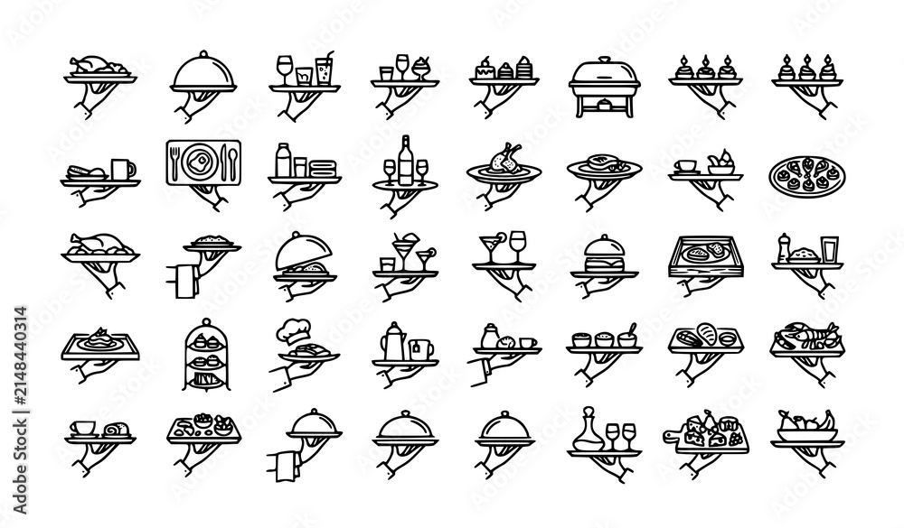 Obraz premium Minimal Black Hand Holding Tray Outline Icons Isolated Service Vector Set