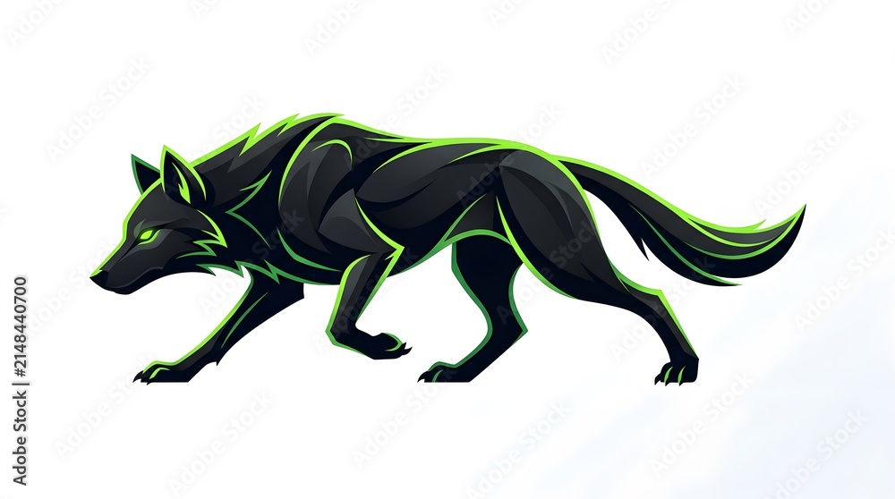 Fototapeta premium Stylized aggressive wolf mascot logo with neon green accents on a white background