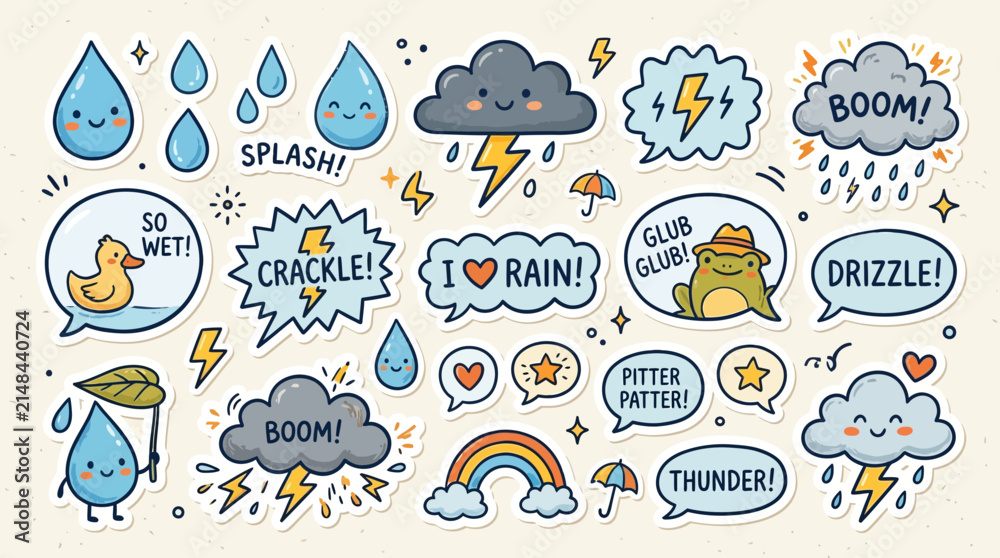 Naklejka premium Cute cartoon weather stickers with kawaii raindrops, clouds, lightning, and speech bubbles about rain and storms.