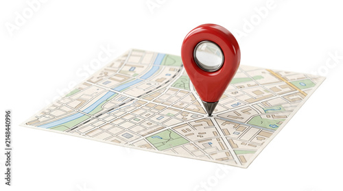 Modern glossy location pin icon sitting on paper city map isolated on transparent background png file.