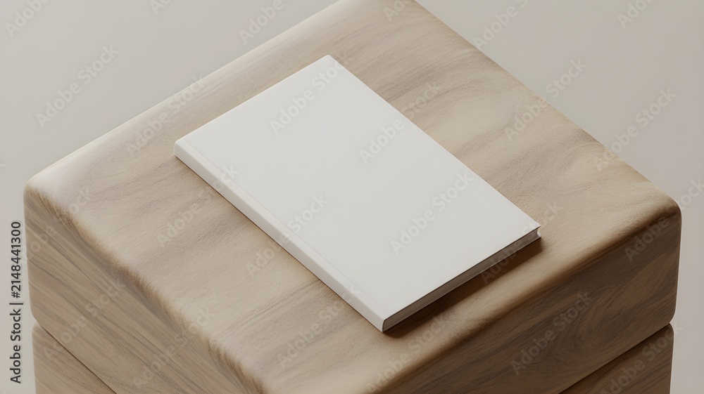 Fototapeta premium Blank closed softcover book mockup resting on a textured wooden block, highangle view
