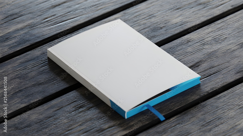 Fototapeta premium Closed blank notebook with blue spine and ribbon bookmark resting on a dark rustic wooden surface