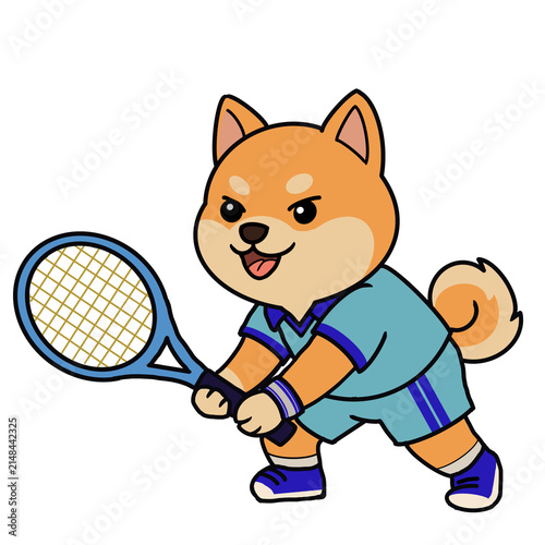 Принти на полотні A shiba inu is playing tennis with great intensity and ferocity.