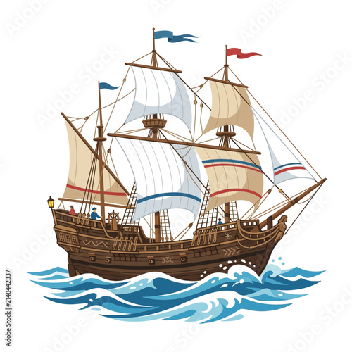 Vintage Sailing Ship Navigating Rough Ocean Waves.
