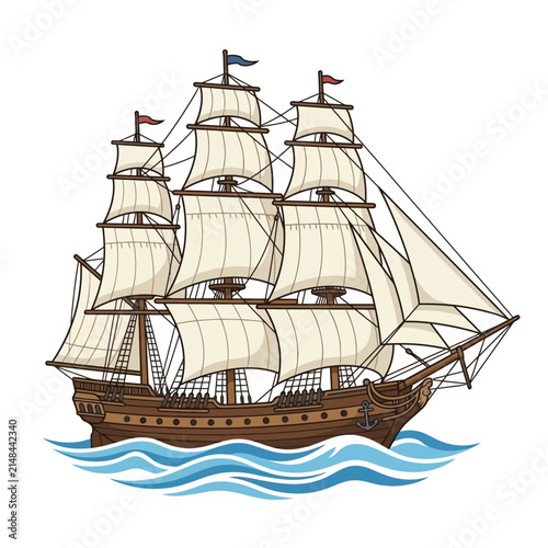 Vintage Sailing Ship on Waves Illustration 1.