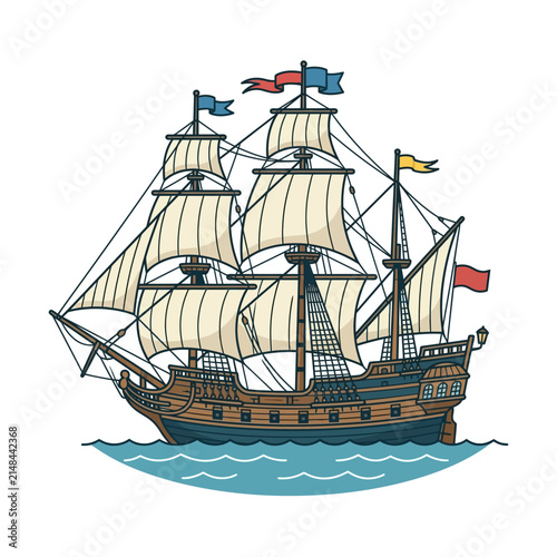 Vintage Sailing Ship on Waves Illustration 3.