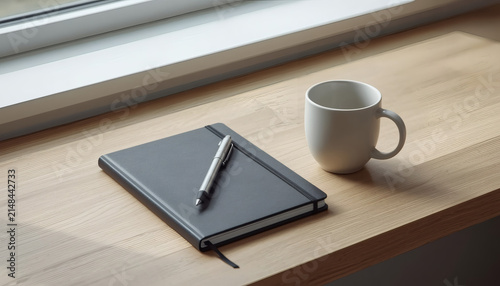 Minimalist Desk Setup: Notebook, Pen, and Coffee Mug by the Window