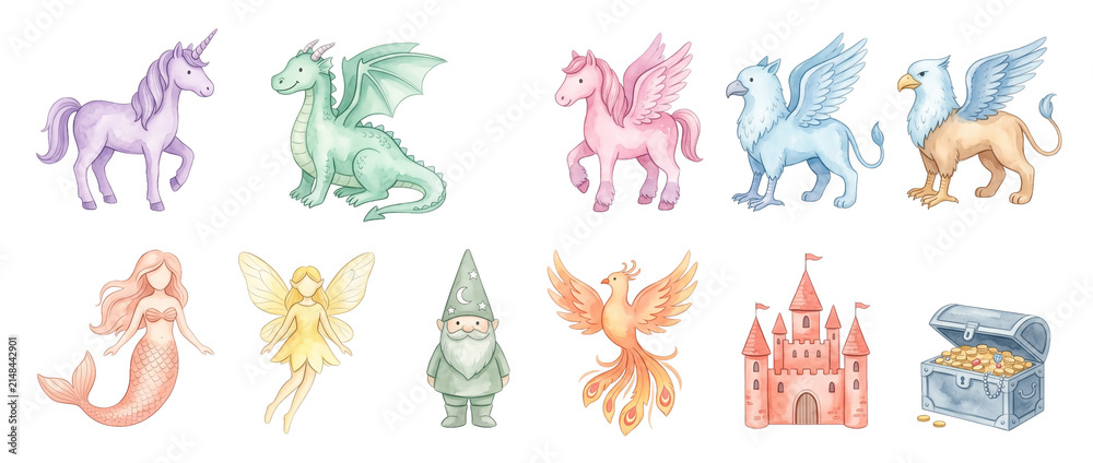 Fototapeta premium Cute fantasy creatures watercolor set featuring unicorn dragon fairy castle mermaid pegasus griffin phoenix wizard treasure chest isolated illustrations for kids storybook design clip art set.