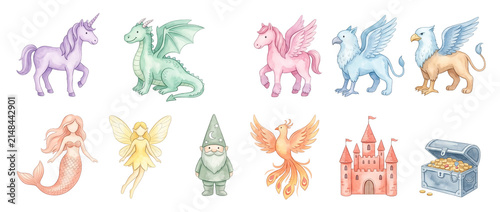Cute fantasy creatures watercolor set featuring unicorn dragon fairy castle mermaid pegasus griffin phoenix wizard treasure chest isolated illustrations for kids storybook design clip art set.
