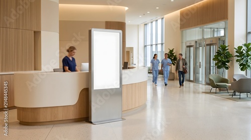 Modern hospital reception area with a blank digital information kiosk and medical staff walking in the background.