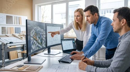 Professional architects collaborate on building design using computer aided design software and blueprints in a modern office