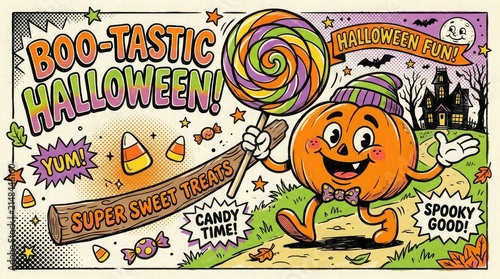 A festive hand drawn illustration featuring a cute pumpkin character holding a colorful lollipop to celebrate a fun and spooky boo tastic halloween