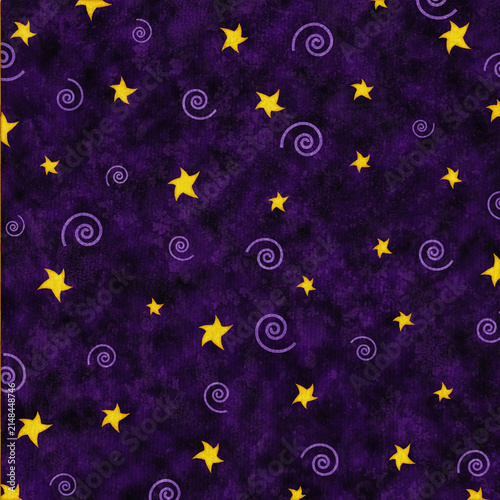 Seamless purple night sky pattern with golden stars and spiral accents. Whimsical celestial background perfect for fabric, nursery decor, quilting and stationery.