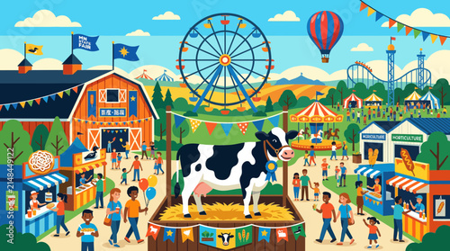County Fair Scene with Cow, Ferris Wheel, Rides, and People