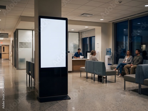 Blank vertical digital signage display screen in a modern hospital waiting room lobby.